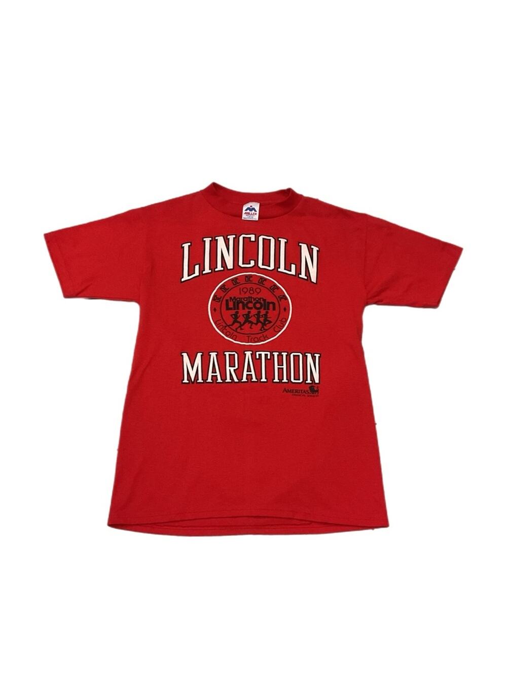 1989 Vintage Lincoln Marathon Track Club USA Made Miller Running red T-Shirt